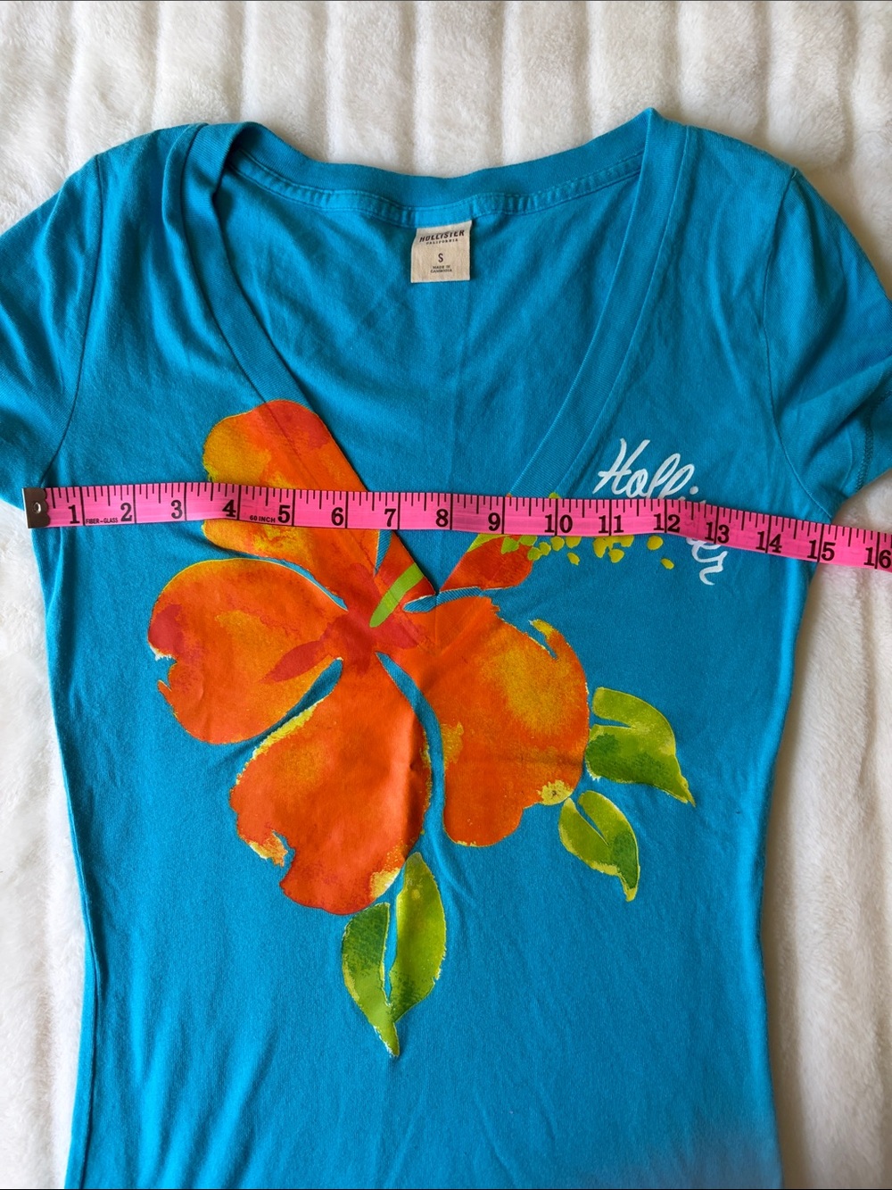 Hollister Bright Turquoise V-Neck Tee with Orange Floral Sz S - Picture 4 of 8